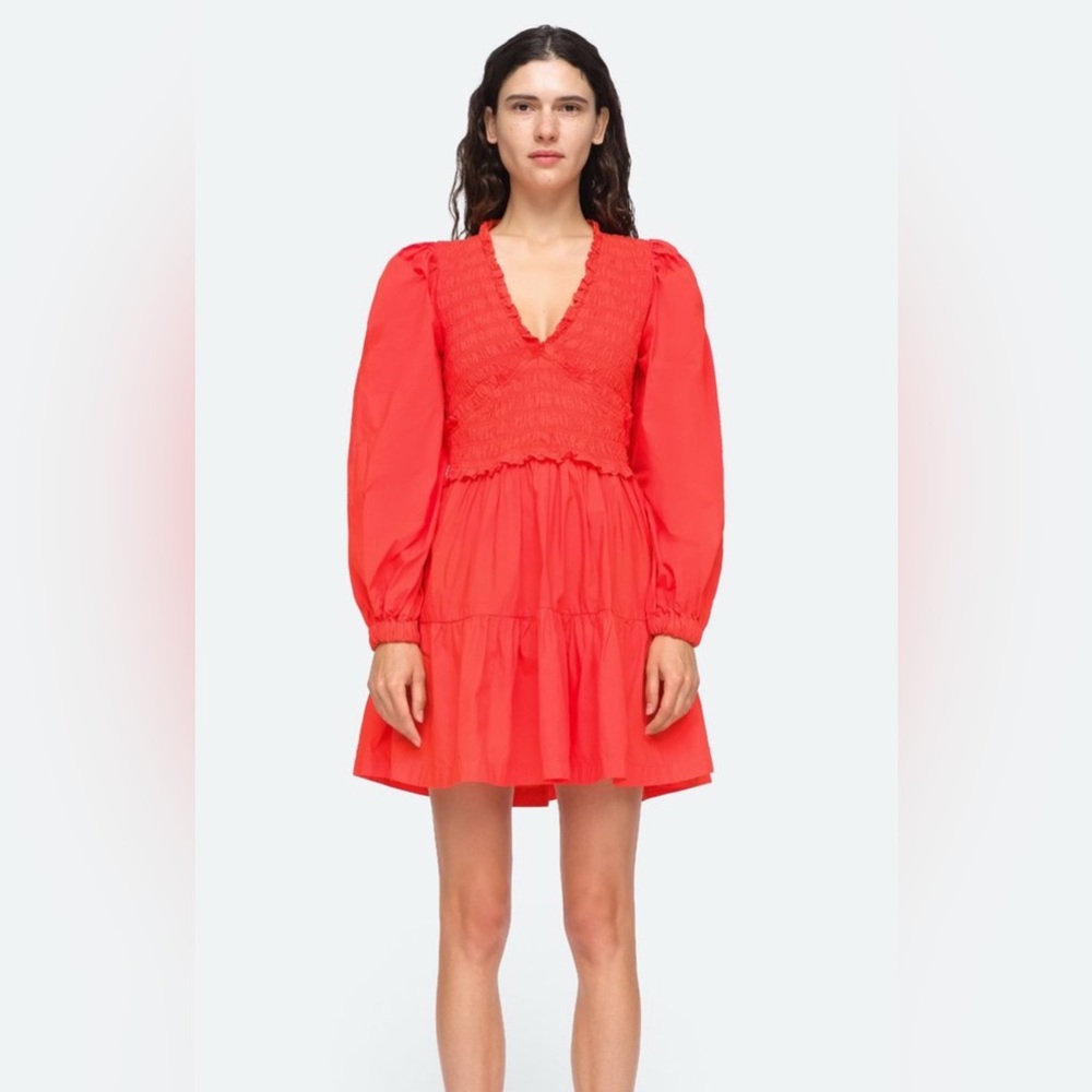 Sea New York Size 4 • Red Gaia Smocked Tiered Long Puff Sleeve Mini Dress.
